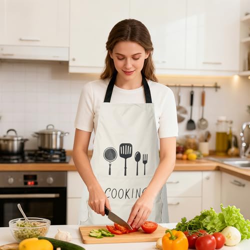 Women Kitchen Apron with Hand Wipe Pockets (White)