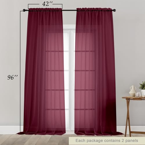 Burgundy Sheer Curtains for Bedroom Living Room 96 Inches Long 2 Panels (Burgundy / 42"W x 96"L (Pack of 2))