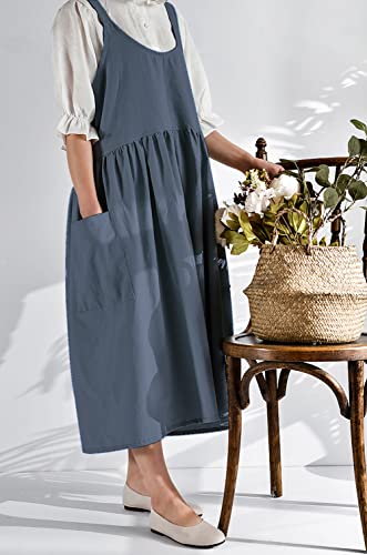 Japanese Cotton Cross Back Smock Apron for Women with Pockets Blue Grey (04 - Blue Grey Without Waist Ties)