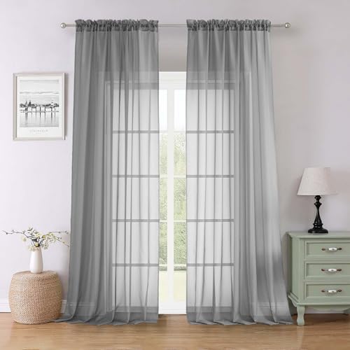 Charcoal Grey Sheer Curtains for Living Room 96 Inches Long 2 Pcs (Charcoal Grey / 59"W x 96"L (Pack of 2))