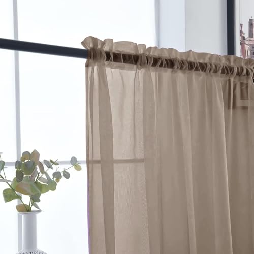 Basic Rod Pocket Sheer Voile Window Curtain Panels Taupe 1 Pair 2 Panels 52 Width 54 Inch Long for Kitchen Bedroom Children Living Room Yard（Taupe (Taupe / 52"W x 54"L (Pack of 2))