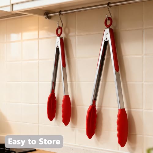 Kitchen Silicone Tongs for Cooking with Non (Red / 2Pcs, 9+12 Inch)