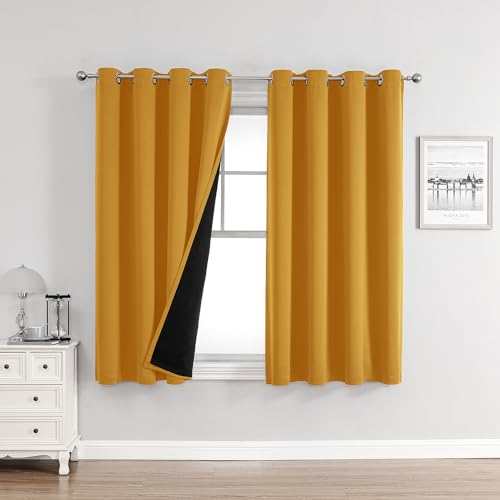 100% Blackout Curtains for Bedroom 63 Inches Long 2 Panels Set (52"W x 63"L (Pack of 2) / Mustard Yellow)