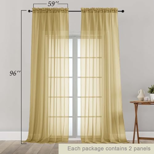 Gold Sheer Curtains for Bedroom Living Room 96 Inches Long 2 Panels (Gold / 59"W x 96"L (Pack of 2))