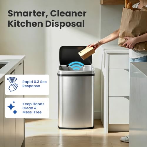 DZT-50-28BR Automatic Touchless Motion Sensor Rectangular Trash Can, Black Top, 13 Gal. 49 L., Brush (Silver & Black)