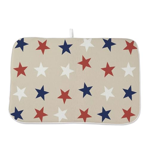 4th of July Dish Drying Mat 18 x 24 inch Independence Day Blue Red White Stars Patriotic Decorative Drying Mats Microfiber Absorbent Dish Washable Draining Mat for Kitchen Counter Decor (24" x 18" / Blue Red White Stars)