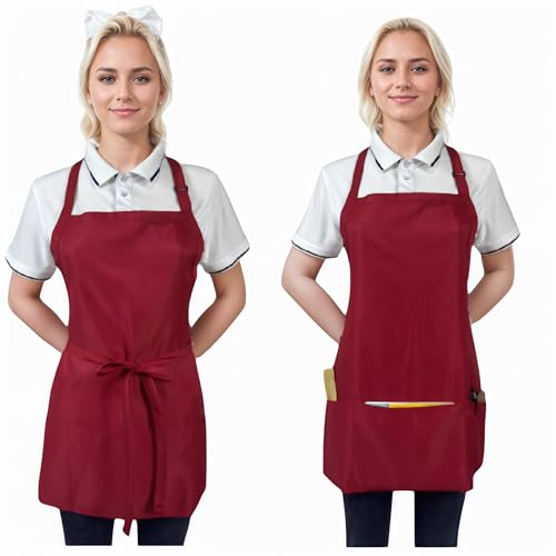 Adjustable Waterproof Aprons with 3 Pockets for Men Women (Red, 2 Pack)