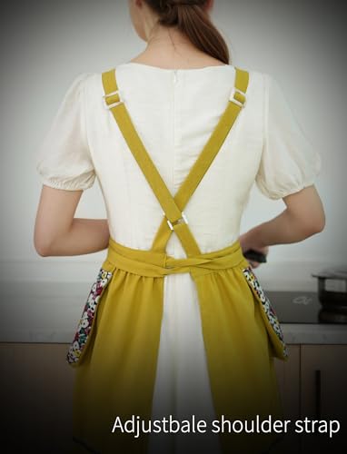 Kitchen Aprons for Women with Pockets Cute Floral Chef Pinafore Apron for Gardening Cooking Baking Painting (Mustard)