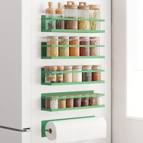 Magnetic Spice Rack For Refrigerator Magnetic Fridge Shelf For Kitchen Spice Organizer Magnetic Shelf For Fridge Space Saving Green 4 Pack With Magnetic Paper Towel Holder (4 Pack / Green)