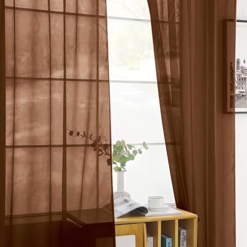 Basic Rod Pocket Sheer Voile Window Curtain Panels Brown 1 Pair 2 Panels 42 Width 72 Inch Long for Kitchen Bedroom Children Living Room Yard（Brown (Brown / 42"W x 72"L (Pack of 2))