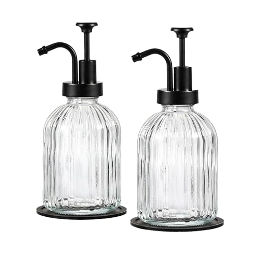 12oz Clear Glass Liquid Soap Dispenser (Clear, Black Pump, 2pcs)