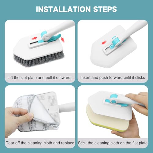 Shower Scrubber with Long Handle (Blue White / 2 pads+squeegee)