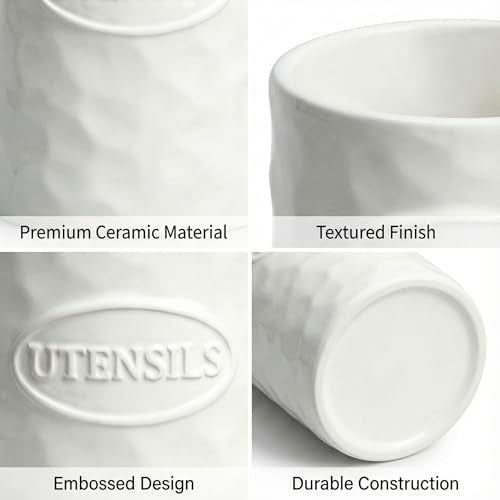 White Utensil Holder Set of 2 Ceramic Cooking Utensil Crock Modern Kitchen Utensil Organizer for Countertop Spatula Spoon and as a Decorative Vase for Housewarming Gift
