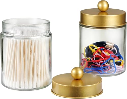 3 Pack Glass Qtip Holder with Gold Stainless Steel Lids (3 pack / Gold)