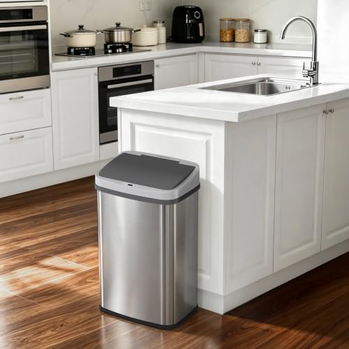 DZT-50-28BR Automatic Touchless Motion Sensor Rectangular Trash Can, Black Top, 13 Gal. 49 L., Brush (Silver & Black)
