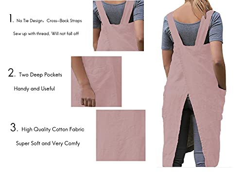 Women's Cross Back Pinafore Apron with Large Pockets Home Kitchen (Medium / Pink)