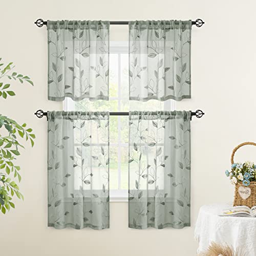 Sage Green Kitchen Tier Curtains Leaf Embroidered (30"W x 24"L (Pack of 2) / 1-sage Green)