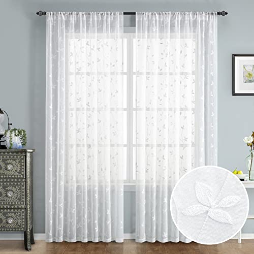 White Sheer Curtains Vine Embroidered (52"W x 84"L (Pack of 2) / Vine White)