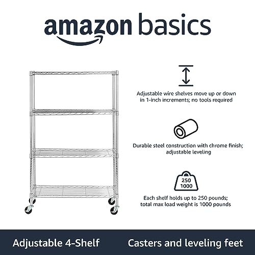 4 Shelf Adjustable Heavy Duty Storage Shelving Unit with Wheels (4 -Shelf / 36" L x 14" W x 57.75" H / Chrome)