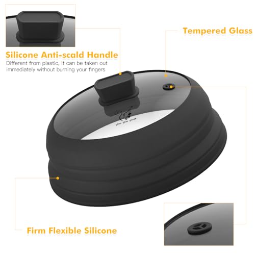 Microwave Splatter Cover Glass Cover Splatter Guard Lid with Collapsible Silicone for Food Cover Plate Cover 10.8 inch 2 Pack Black (Black (2 Pack) / 10.8 inch)