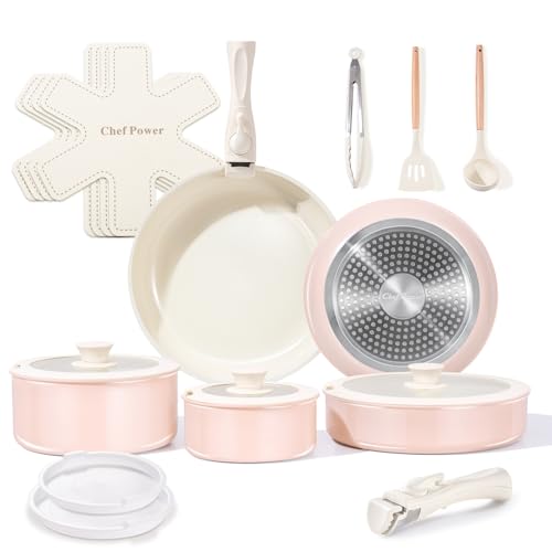 Ceramic Nonstick Pots and Pans Set 19 Piece with Detachable Handle (Light Pink)