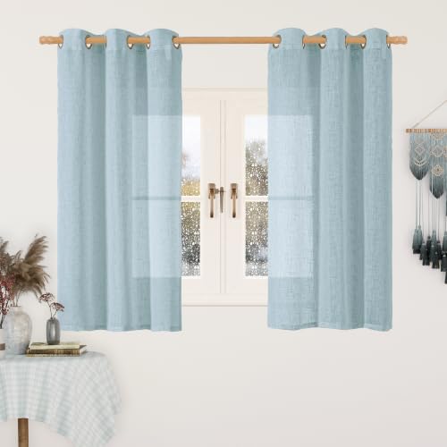 Semi Sheer Short Linen Curtains 48 Inch Length for Kitchen 2 Panels (34"W x 48"L (Pack of 2) / Stone Blue)