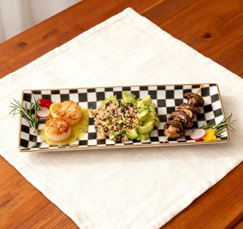 14 inch Checker Black and White Rectangle Serving Platters Set of 3 for Party (14 inches)