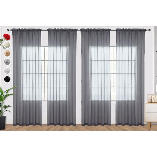 Grey Sheer Curtains 4 Panels Rod Pocket Semi (Grey / 52"W x 63"L (Pack of 4))
