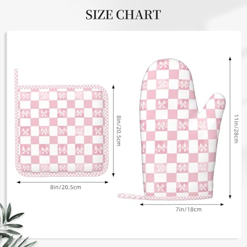 Oven Mitts and Pot Holders Pink Check Bow Pattern Silicone Kitchen Accessories Set of 4 Heat Resistant Long Gloves Potholder Non (A063221)