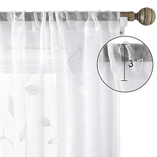 White Sheer Kitchen Curtains 52 x 54 Inch Length 2 Panels Embroidered Leaf Pattern Short Curtains for Bedroom Half Small Window Rod Pocket Tiers (52"W x 54"L (Pack of 2) / 4-white)