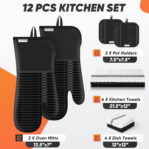 Oven Mitts Kitchen Towels and Dishcloths with Pot Holders Sets (Black)