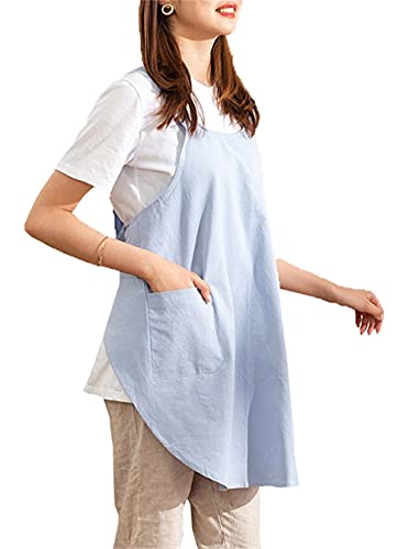Cotton Cross Back Aprons Solid Color Cooking Kitchen Garden Smock for Women Girls with Pockets (Blue / 37W x 32L)