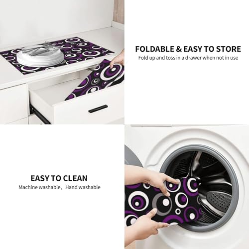 Purple Black White Geometric Circle Pattern Dish Drying Mat for Kitchen Counter (Circles-Purple-White-Black / 18" x 24")