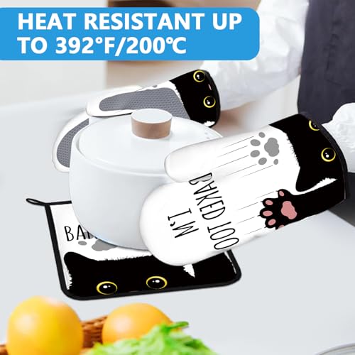 Funny Black Cat Oven Mitts and Pot Holders Sets Heat Resistant 4Pcs Potholders Oven Gloves Hot Pads for Kitchen Baking Cooking Grilling BBQ (Funny Black Cat)