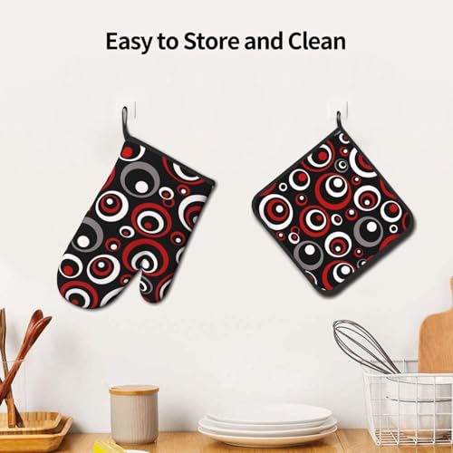 Retro Red Circles Oven Mitt and Pot Holder Set (Red and White Circle)