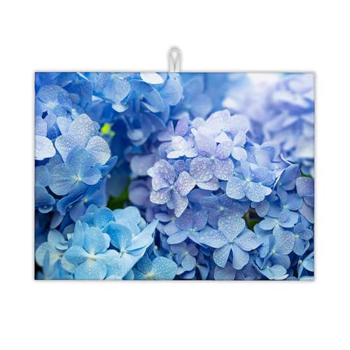 Blue Hydrangea Flower Dish Drying Mats 18x24 Inch (Blue Hydrangea Flower)