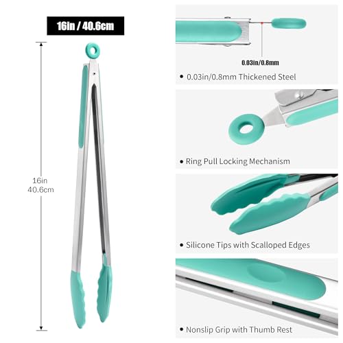 Kitchen Tongs with Silicone Tips for Cooking Serving (16in / Aqua Sky)