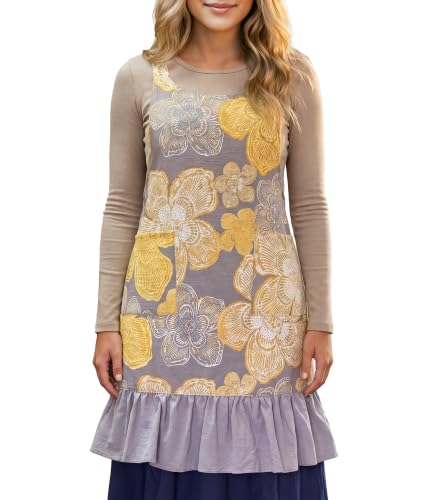 Vintage Aprons for Women with Pockets Cute Pinafore Apron Dress for Kitchen Cooking Baking Gardening (Floral Yellow)