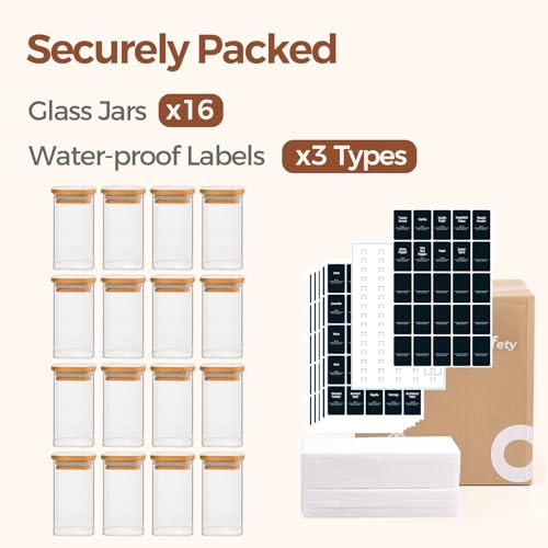 Square Glass Spice Jars with Labels 10 oz 16 Pack with Bamboo Lids (10 fl oz x 16 - Square)