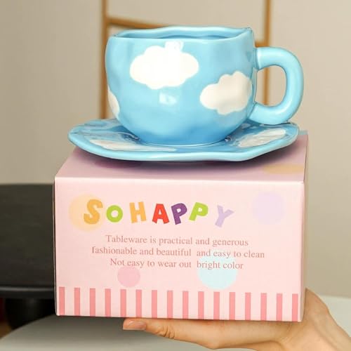 Sky and White Clouds Coffee Mug with Saucer (Pink)