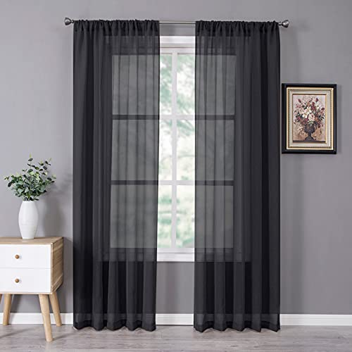 Sheer Curtain Linen Textured Bedroom Curtains Sheer Light Filtering Rod Pocket Voile Curtain for Living Room (54"W x 95"L (Pack of 2) / Black)