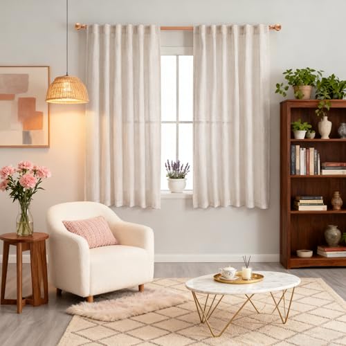 Natural Linen Curtains for Kitchen Window Half Sheer Drapes 45 Inches Long (50"W x 45"L (Pack of 2) / Natural Linen)