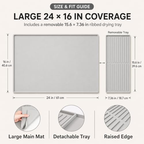 Silicone Coffee Mat 24 x 16 in with Tray (Minimal Light Gray)