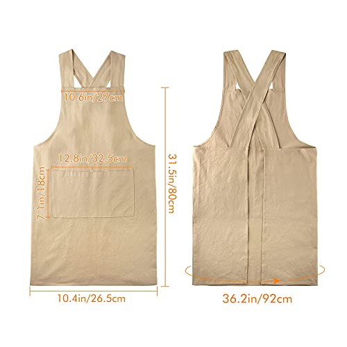 Cotton Linen Cross Back Aprons Solid Color Unisex Pinafore Vintage Apron Japanese Style with 2 Pockets for Kitchen Cooking Baking Painting Gardening Cleaning for Women Men (Beige)