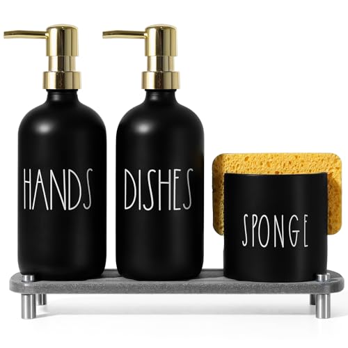Hand and Dish Soap Dispenser Set (Black Bottle+gold Pump)