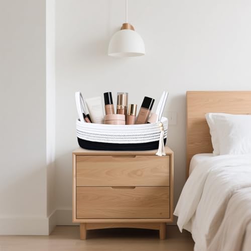 Small Storage Basket for Toilet Tank Top (White & Black / L(13x6x4 Inch))