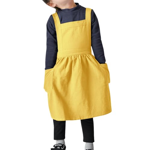 Kids Apron Cute Aprons For Girls With Pockets Pinafore Apron Cross Back Aprons For Toddler Baking Pottery Pinafore Art Smock Cotton Linen Apron Housewarming Gift Mother's day Yellow Kids 3 (Yellow Kids / 3-6 Years)