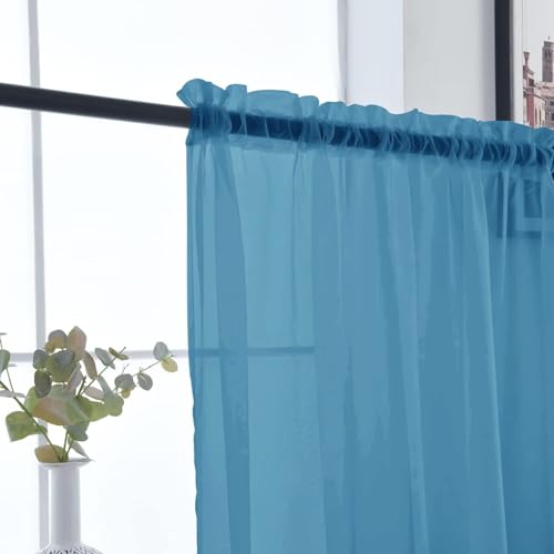 Basic Rod Pocket Sheer Voile Window Curtain Panels Blue 1 Pair 2 Panels 52 Width 45 Inch Long for Kitchen Bedroom Children Living Room Yard（Blue (Blue / 52"W x 45"L (Pack of 2))