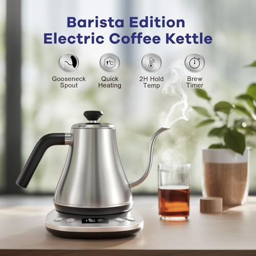 Electric Gooseneck Kettle With LCD Display Automatic Shut Off Retro Coffee Kettle Temperature Control Hot Water Boiler to Pour Over Tea (Stainless Steel)