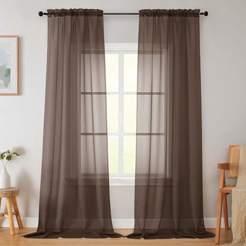 Chocolate Sheer Curtains for Bedroom Living Room 96 Inches Long 2 Panels (Chocolate / 42"W x 96"L (Pack of 2))